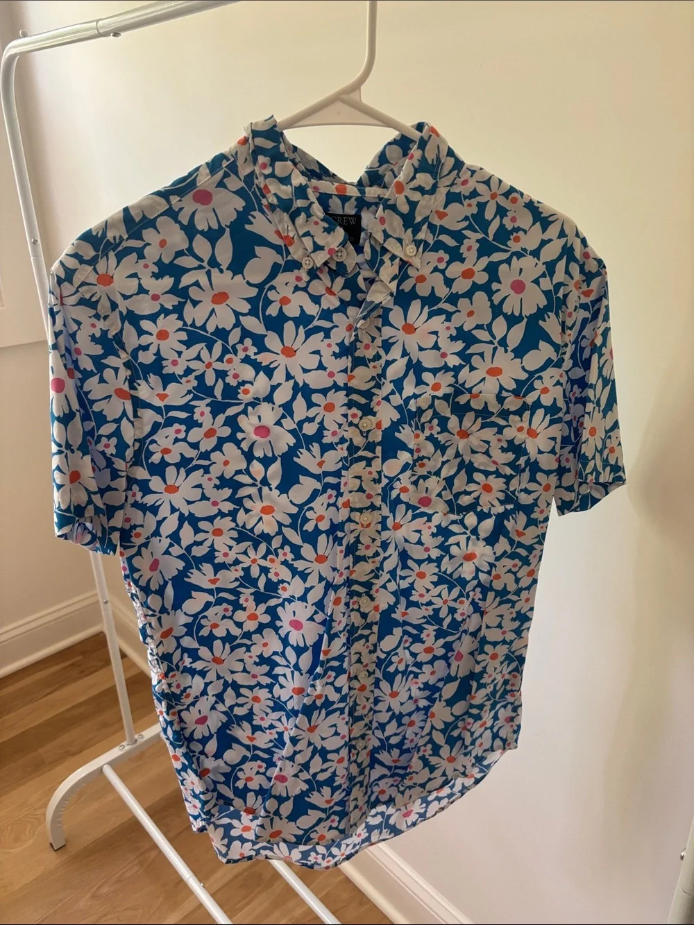 J. Crew Blue Floral Short-Sleeve Button-Down Shirt with White Flowers